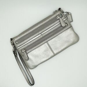 Coach Legacy Double Zipper Silver Metallic Leather Large Multi-Section Wristlet